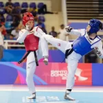 La atleta tijuanense Daniela Souza durante su participación en una competencia de taekwondo